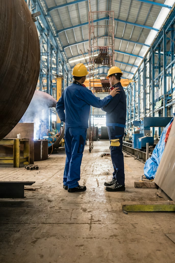 A picture of 2 men in hardhats, congratulating one another in a factory or industrial mining area, they are in full complient PPE.