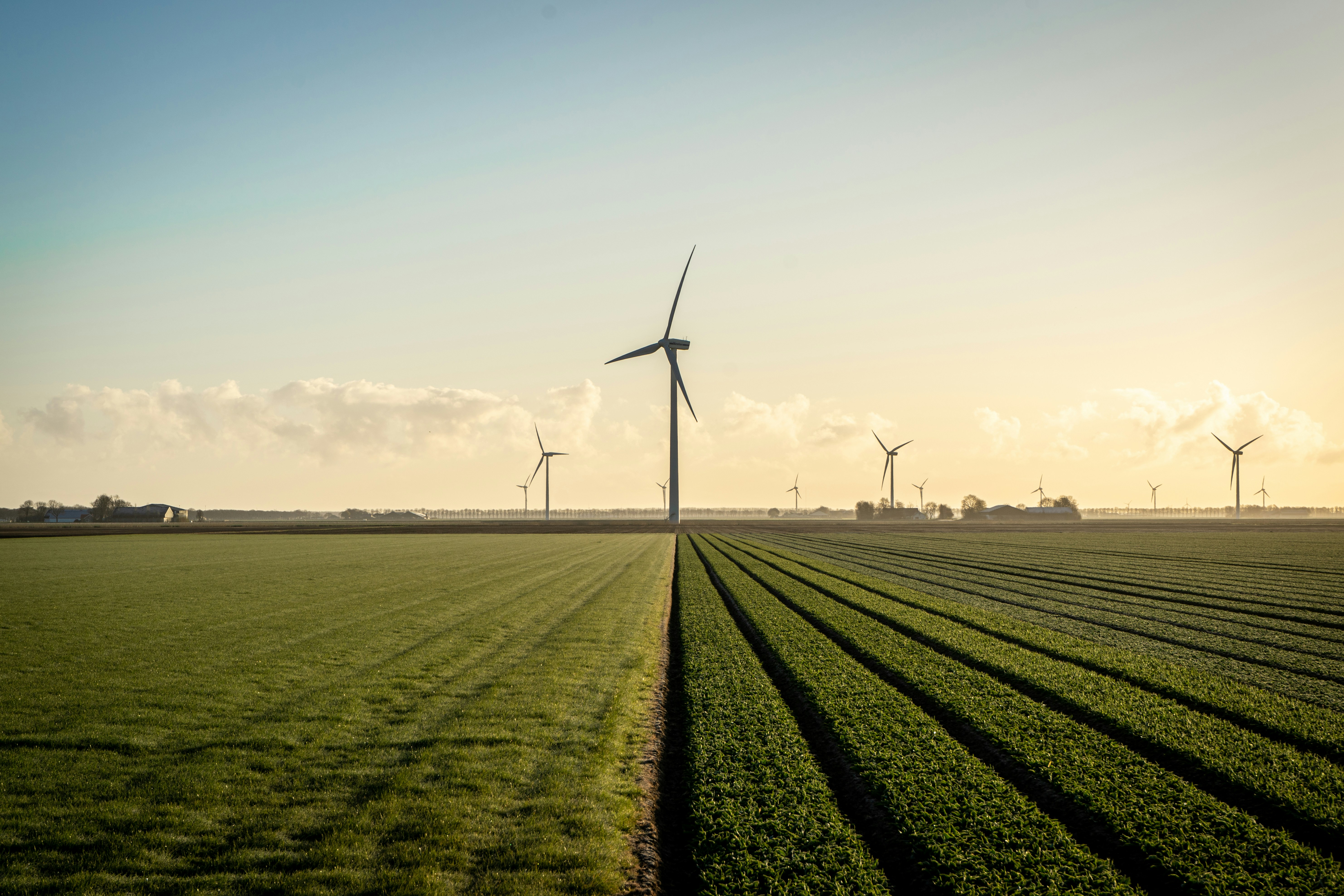 A picture of a windmill far away in a green field.
