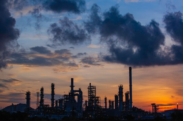 Image of an industrial skyline including a factory and a sunset.